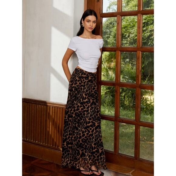 Commense Casual Leopard Print Chiffon Maxi Skirt - Picture 4 of 7